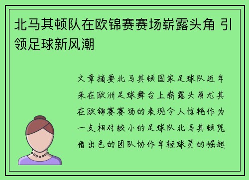 北马其顿队在欧锦赛赛场崭露头角 引领足球新风潮