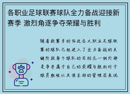 各职业足球联赛球队全力备战迎接新赛季 激烈角逐争夺荣耀与胜利