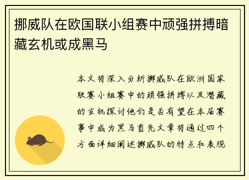 挪威队在欧国联小组赛中顽强拼搏暗藏玄机或成黑马