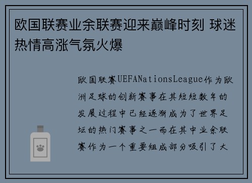 欧国联赛业余联赛迎来巅峰时刻 球迷热情高涨气氛火爆