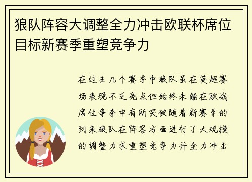 狼队阵容大调整全力冲击欧联杯席位目标新赛季重塑竞争力