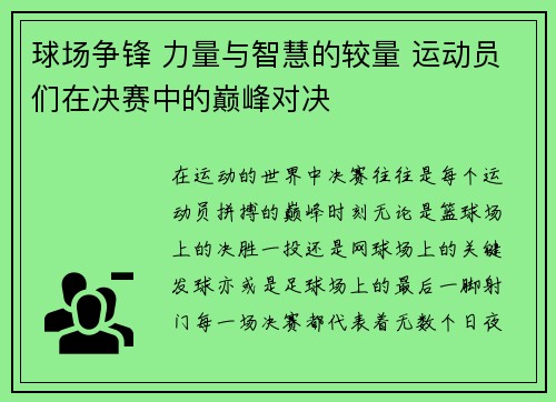 球场争锋 力量与智慧的较量 运动员们在决赛中的巅峰对决