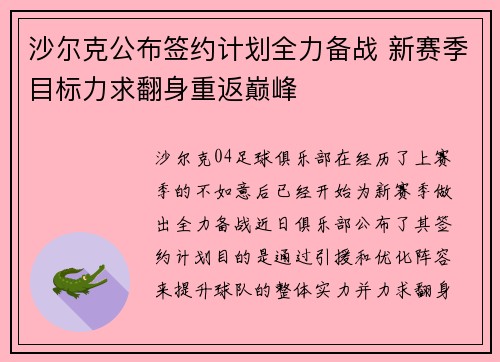 沙尔克公布签约计划全力备战 新赛季目标力求翻身重返巅峰