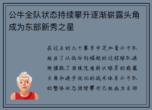 公牛全队状态持续攀升逐渐崭露头角成为东部新秀之星